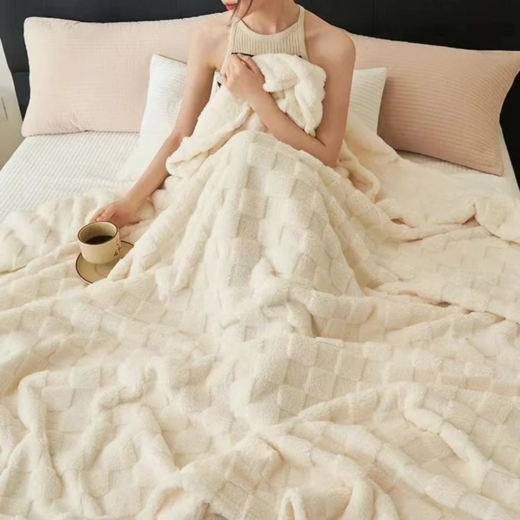 Optimized Cozy Plaid Fleece Blanket - Cream White Casual