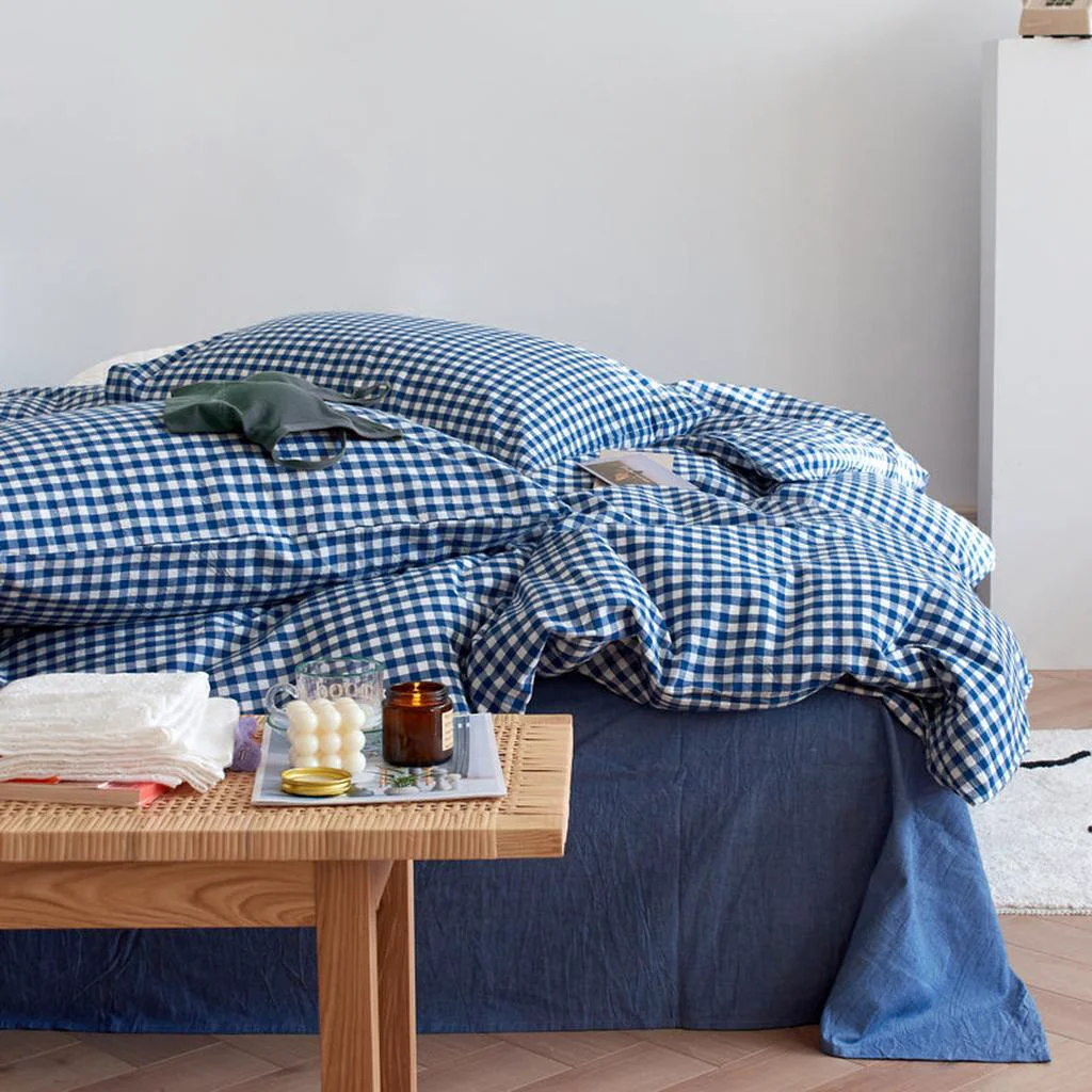 Relaxed Cotton Small Gingham Bedding Set - Navy Professional