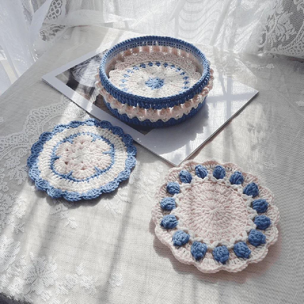Outstanding Rose Collection - Handmade Crochet Storage Basket - Blue Functional