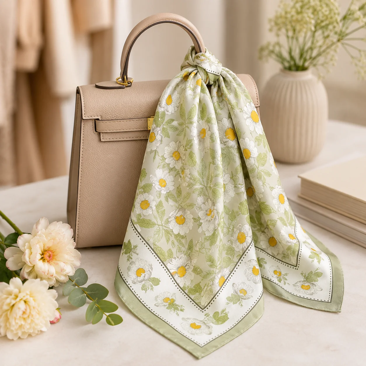 Crafted Spring Meadow Daisy Bandana Scarf 21.7 Silky Satin Square Scarf Unique