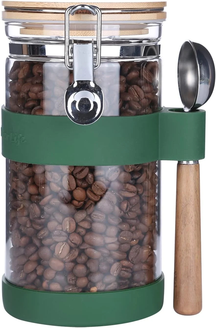 Natural KKC Vacuum Sealed Coffee Bean Storage Container with Scoop for 1 lb Beans Airtight Glass Coffee Jar Canister with Scoop Solid