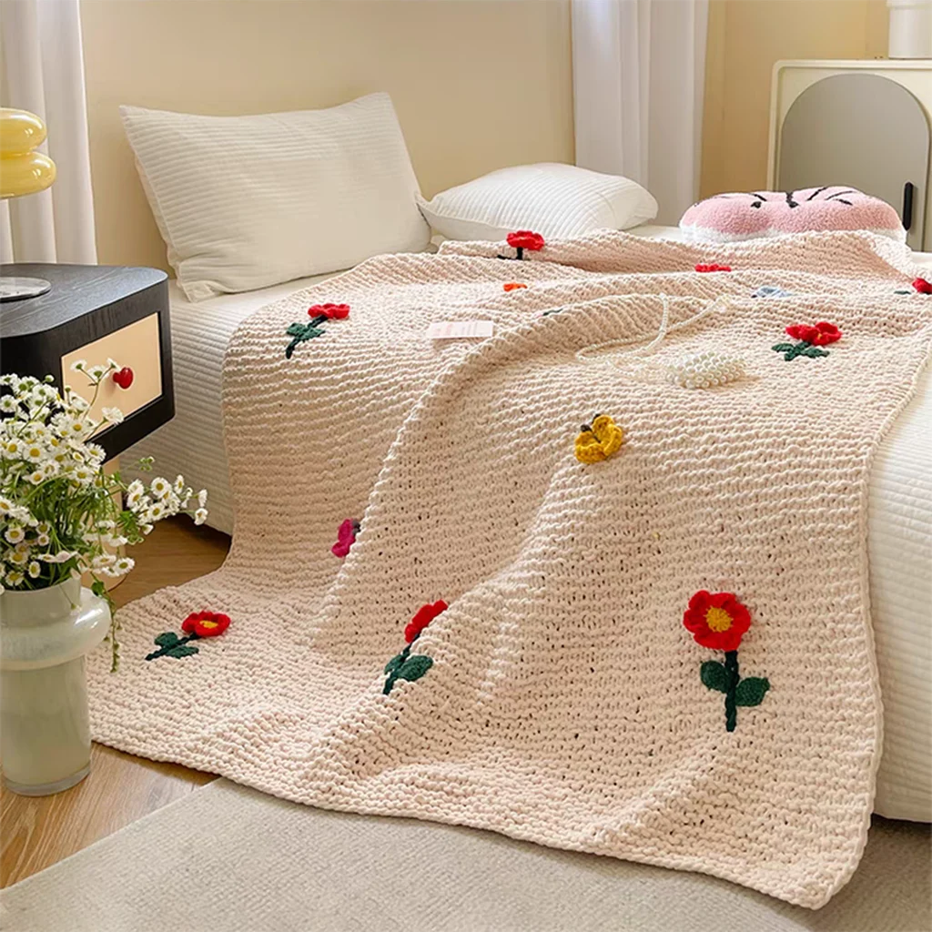 Minimalist Chunky Knit Blanket With Tufted Flower Effective