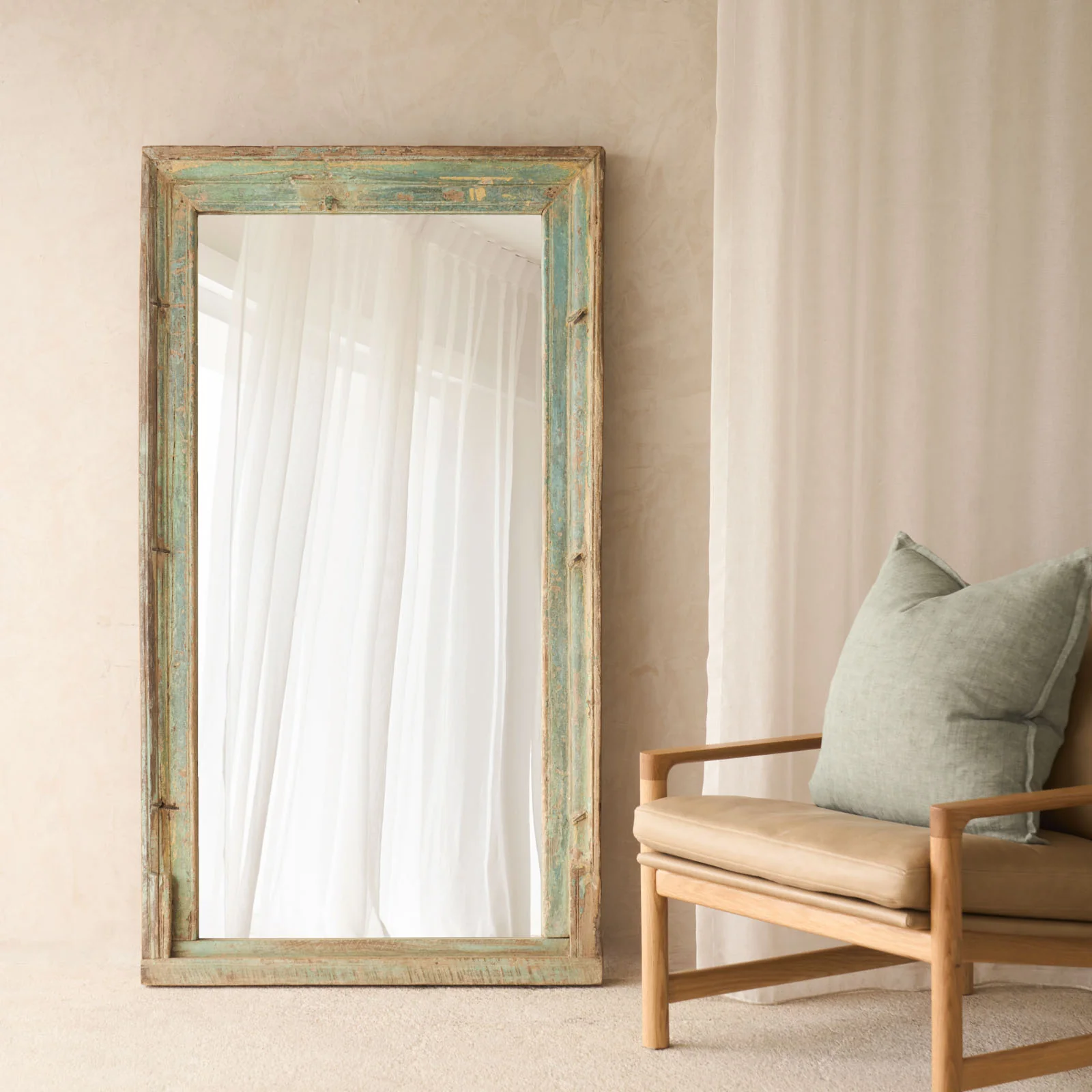 Stylish Vintage Teak Frame Mirror Teal Detailed