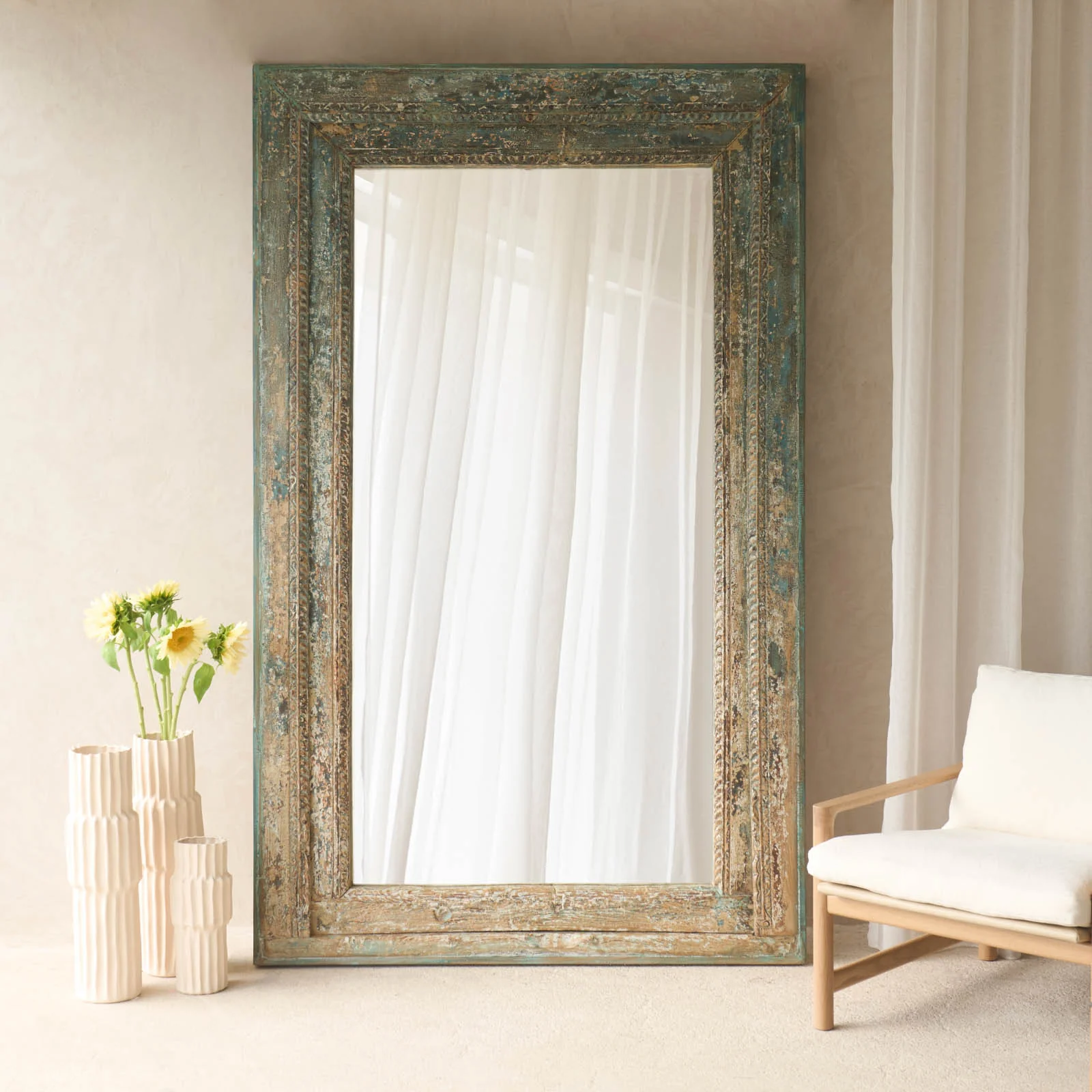 Luxury Vintage Teak Carved Mirror Rustic Blue Prestigious