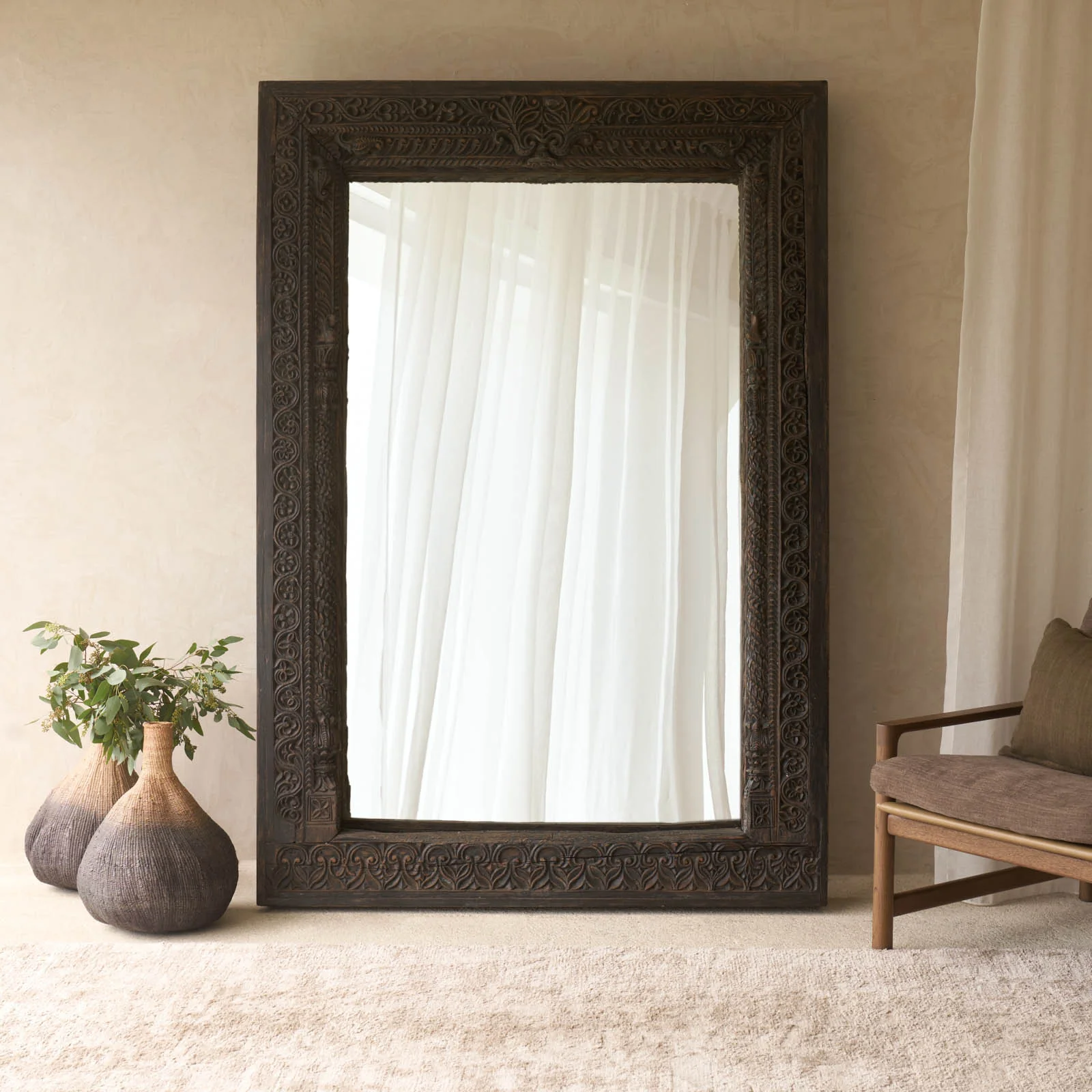 Smart Vintage Teak Carved Mirror Charcoal Traditional