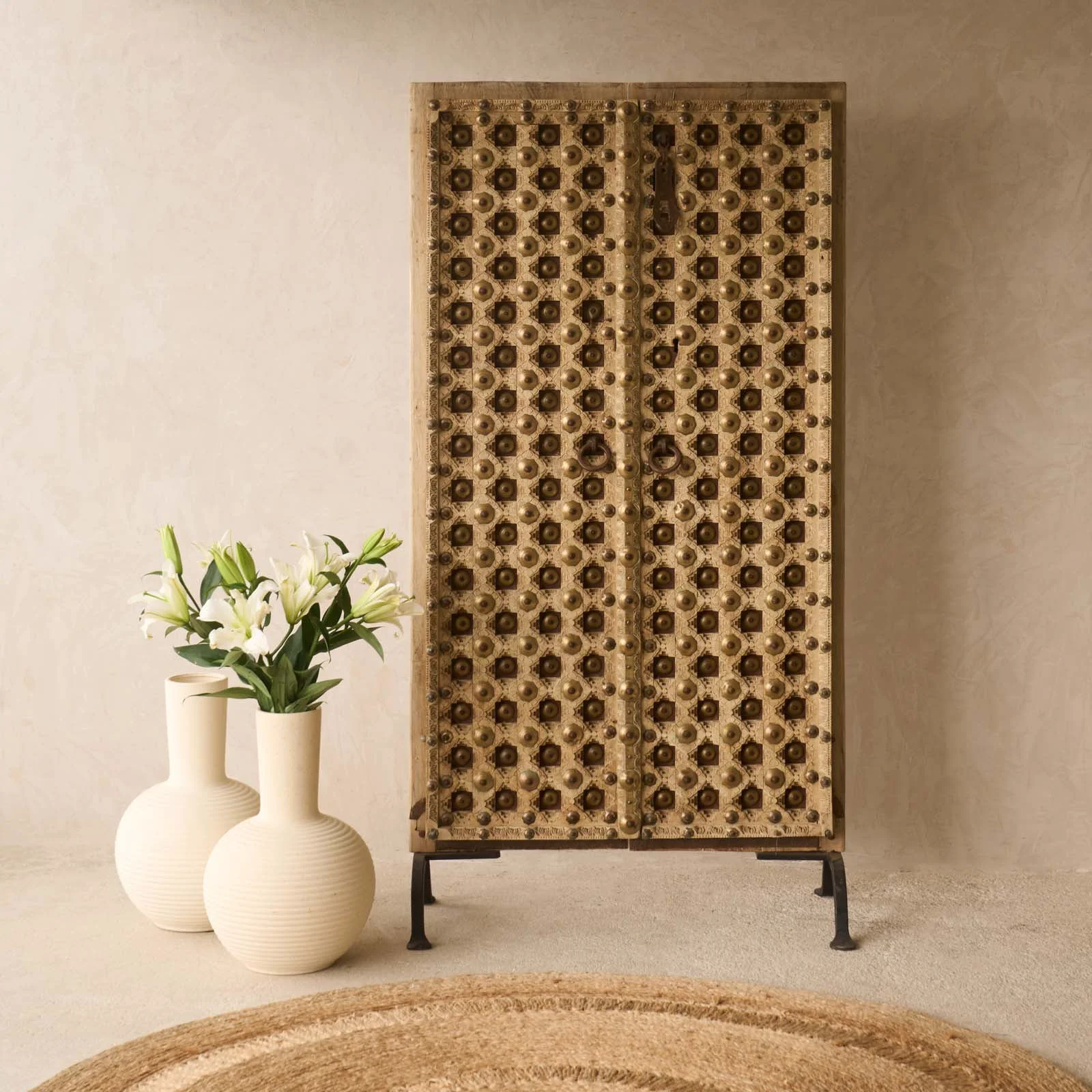 Lightweight Vintage Teak Door with Brass Motifs Soft