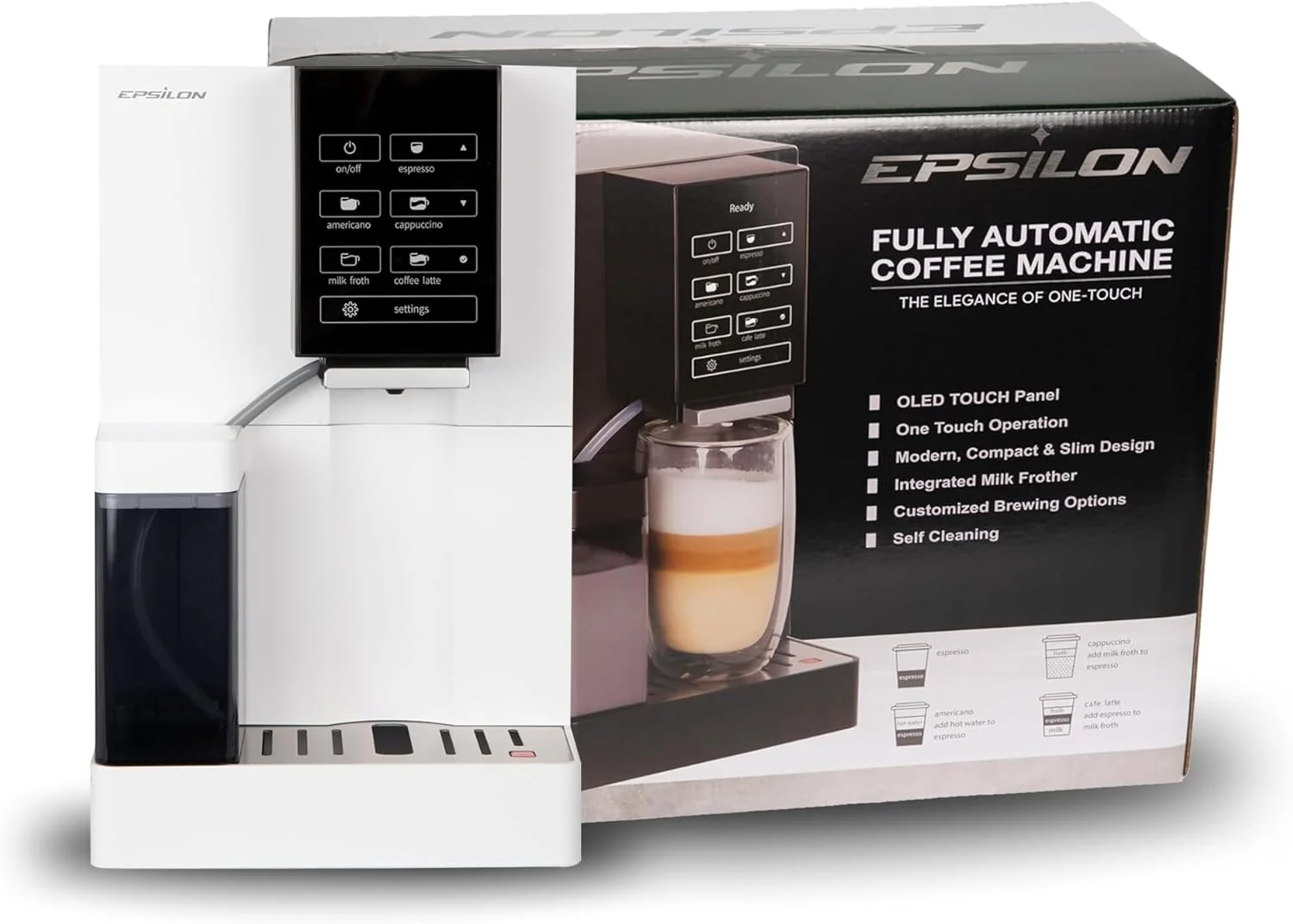 Relaxed Epsilon Fully Automatic Coffee Machine Modern One Touch Espresso Machine Integrated Milk Frother and Custom Brewing Cafe Maker