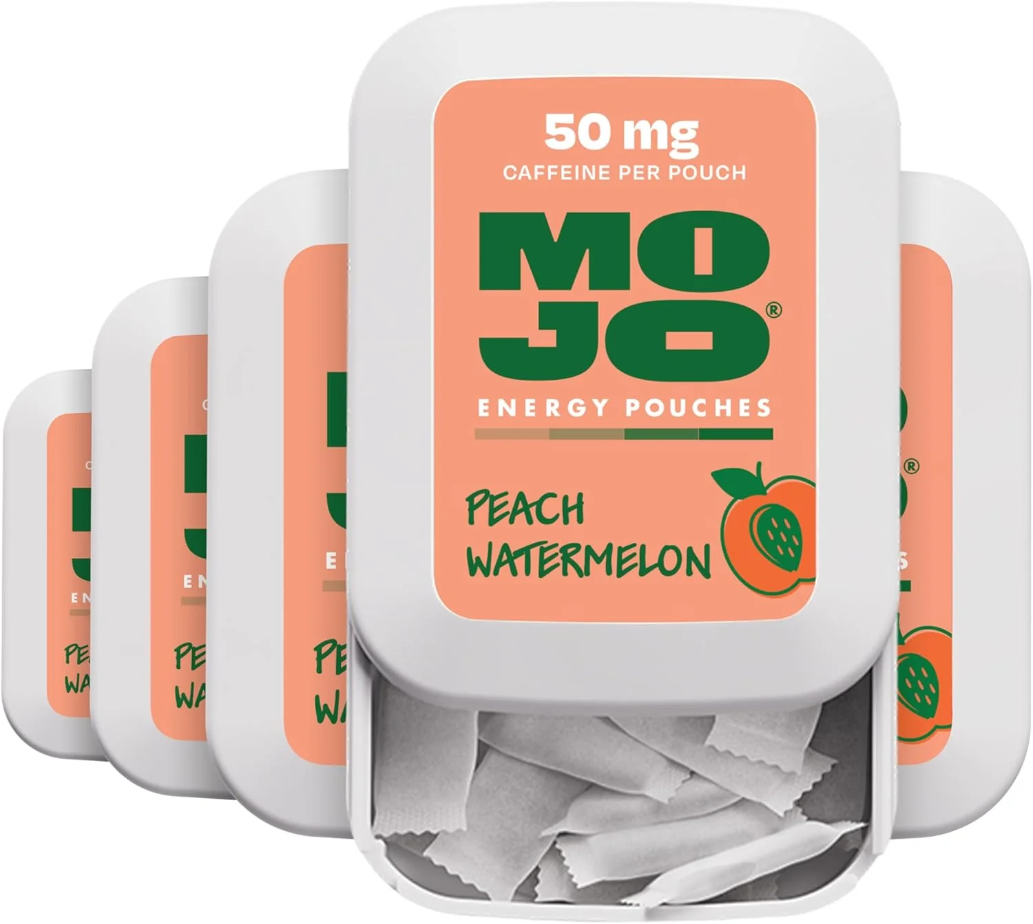 Contemporary Mojo Energy Pouches Peach Watermelon Flavor 50 mg per Caffeine Pouch 15 Pouches 5-Pack Solid