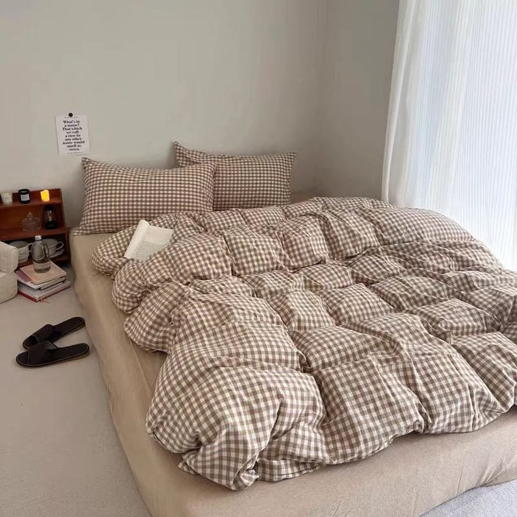 Expertly Made Beige Gingham Duvet Cover Set Reusable