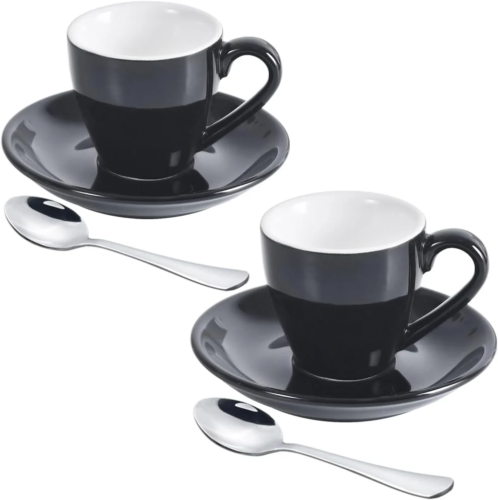 Secure Porcelain Espresso Cup with Saucer And Stainless Steel mini Spoons Espresso shot Cup 80ml 2.7Oz Pack of 2 Black Long-Lasting