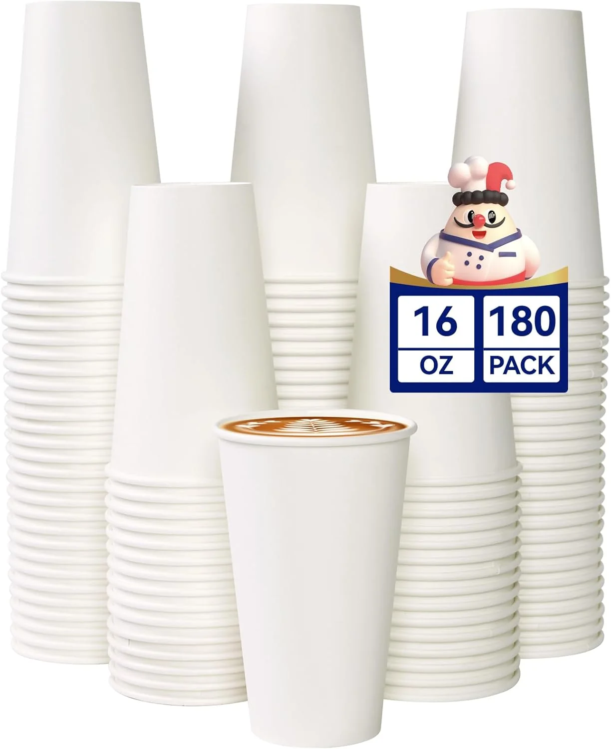 Clean Jolly Chef 180 Count 16 oz Coffee Cups White Drinking Paper Cups for Coffee Water Juice or Tea Suitable for Party Picnic Travel and Events Proven