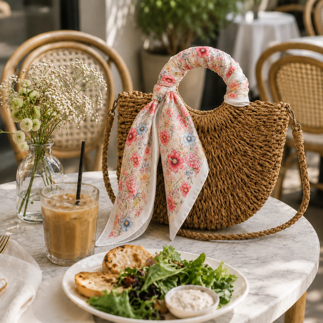 Pure Woven Straw Bag Silky Scarf Bundle Flexible