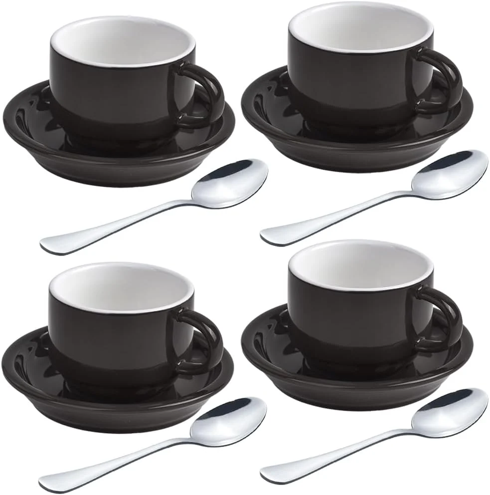 High-End homEdge Premium Espresso Shot Cups and Saucers Set with Espresso Stainless Steel Spoons - 2.5 oz Set of 4 Black Smooth
