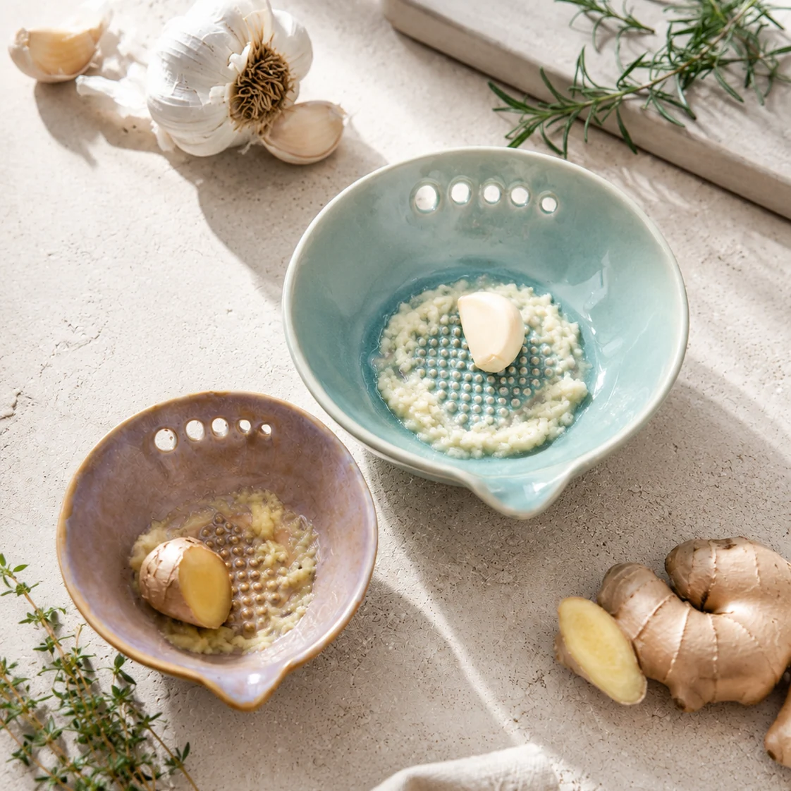 Pure Stoneware Garlic Ginger Grater Dishes with Herb Strippers Efficient