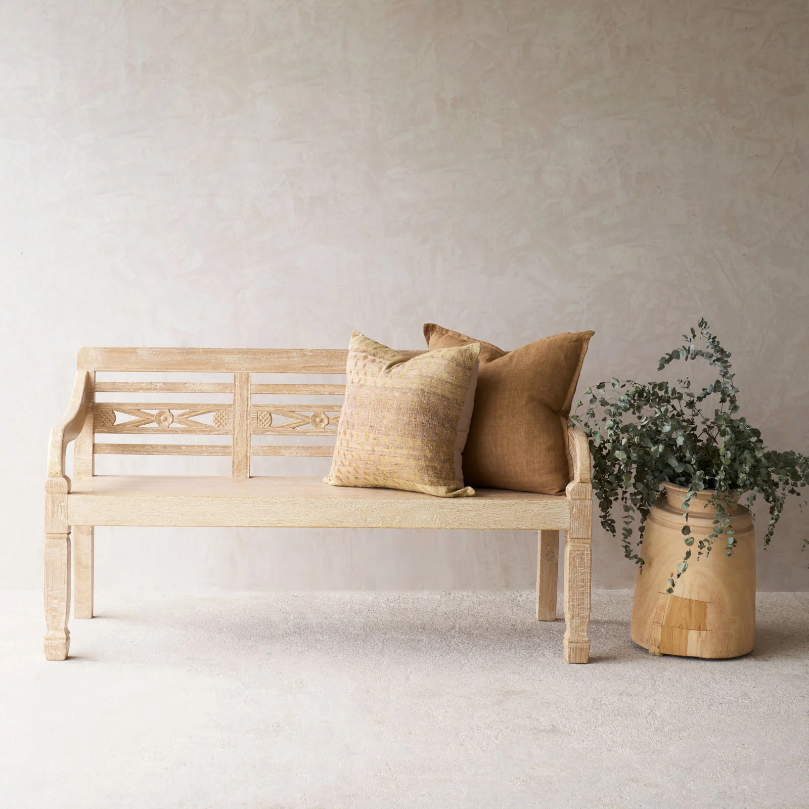 Relaxed Java Carved Bench Teak - Whitewash A Comfortable
