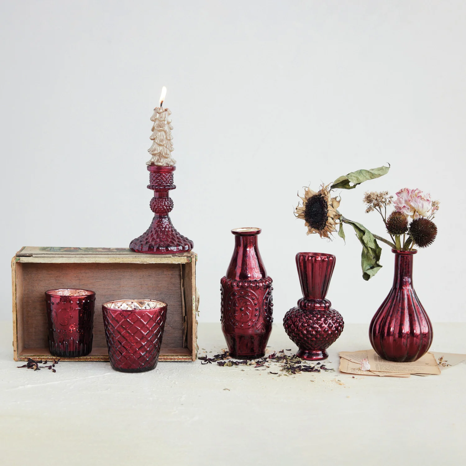 Natural Ruby Red Recycled Glass Taper Candle Holder High-Grade