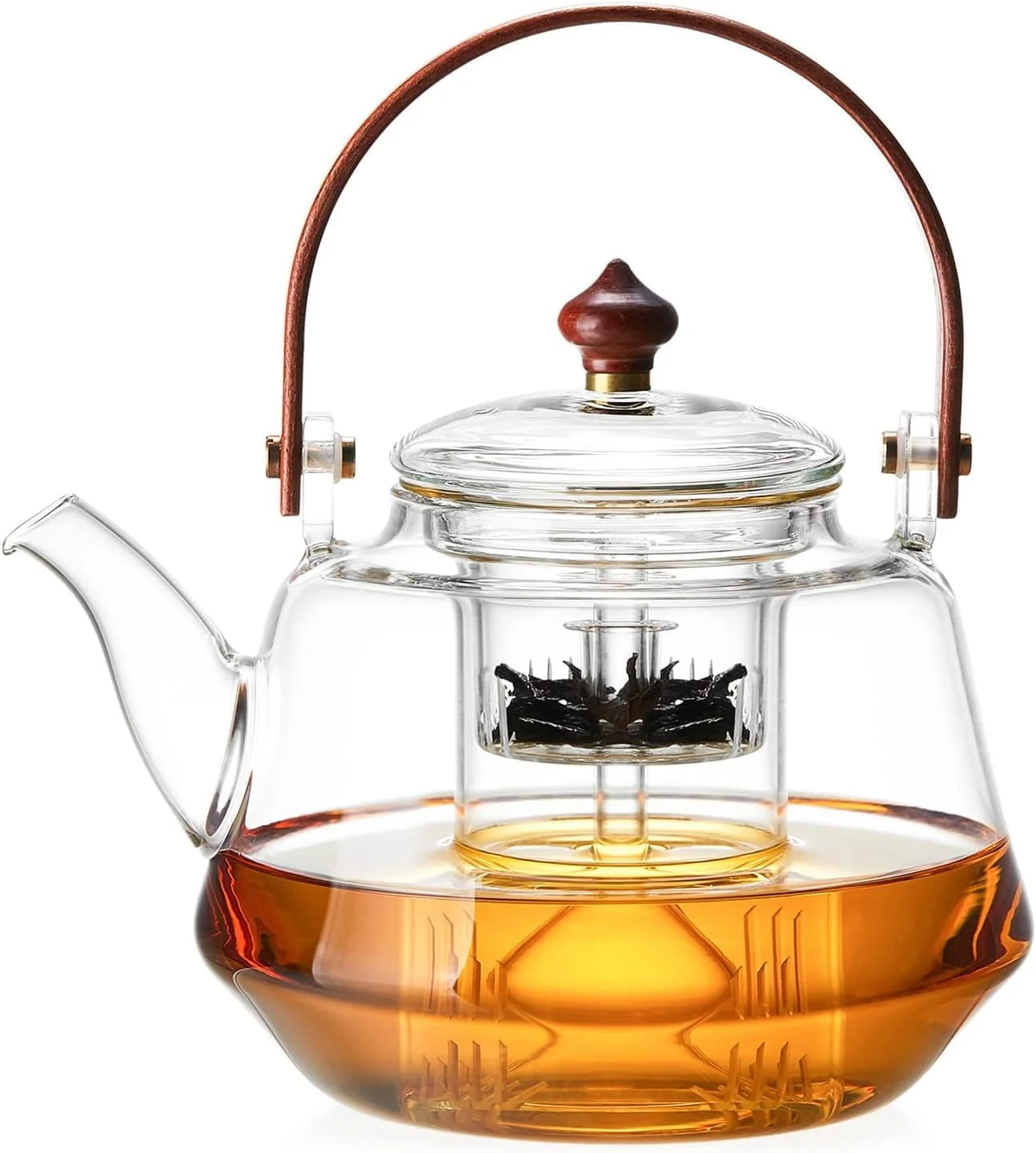 Functional 40oz Glass Teapot with Anti-Drip Spout Peach Wood Handle and Lid Heat-Resistant Borosilicate Glass Dual Infusers for Steaming and Boiling Reusable
