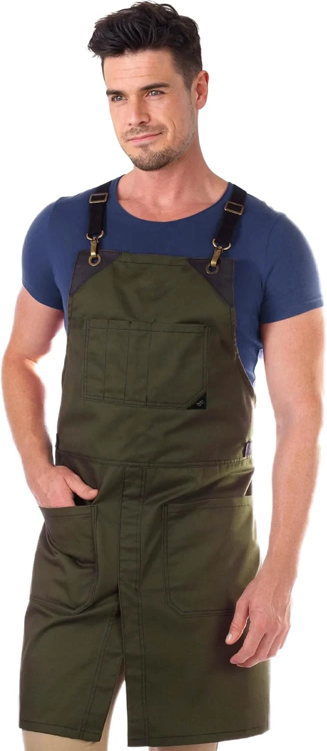 Refined Under NY Sky Cross-Back Moss Green Apron – Durable Twill with Leather Reinforcement and Split-Leg – Adjustable for Men and Women – Pro Chef Tattoo Genuine