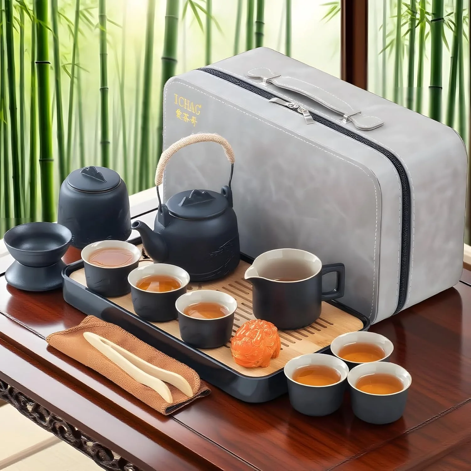Genuine Ichag Chinese Tea Set Japanese Tea Sets for Adults 15-Piece Porcelain Gongfu Tea Set with Tea Pet Tea Tray Japanese Teapot Set World-Class