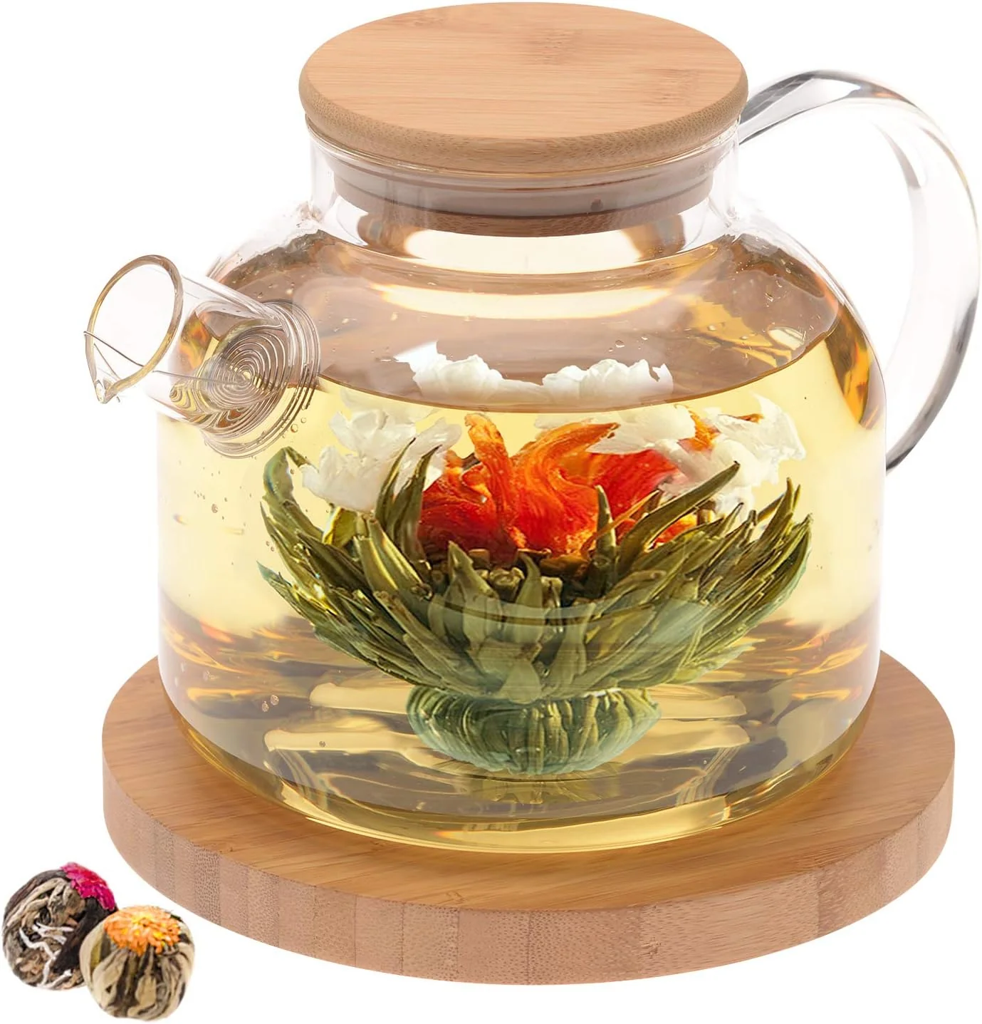 Top-Quality Teabloom Stovetop Safe Glass Teapot with Bamboo Lid 40oz 1200ml Loose Leaf Tea Filter Spout 2 Blooming Teas Large Bamboo Trivet Trusted