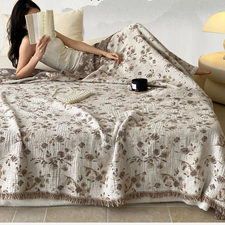 Versatile Vintage Floral Cotton Gauze Tassel Reversible Quilt Breathable