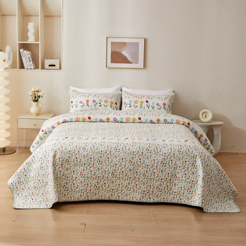 Expertly Made Pure Cotton Quilted Colorful Floral Bedding Sustainable