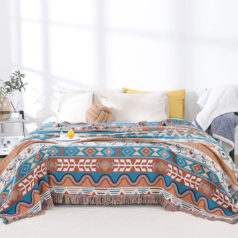 Functional Cotton Gauze Retro Geometric Tassel Quilt Crafted
