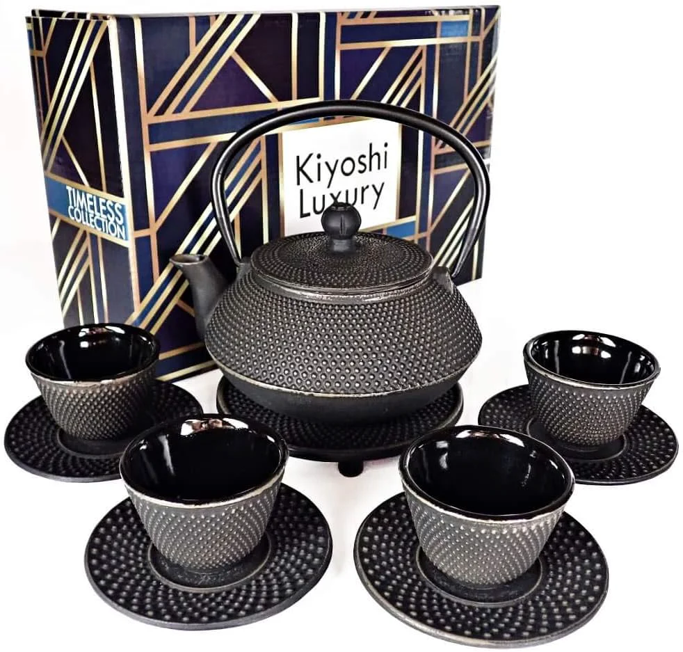 Excellent Large 11PC Japanese Tea Set Gashu Black Cast Iron Tea Pot 26Oz with 4 Tea Cups 2Oz each 4 Saucers Certified
