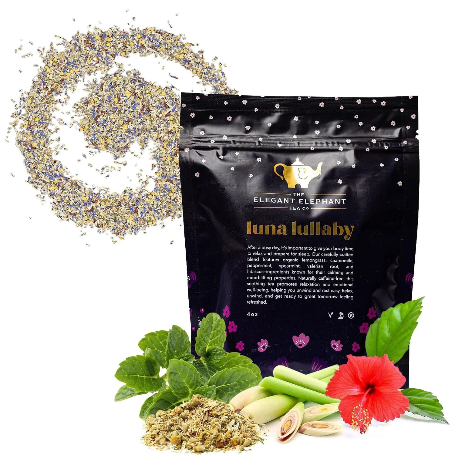 Innovative Luna Lullaby Sleep Tea Organic Loose Leaf Herbal Tea – Calming Relaxing Bedtime Tea – Chamomile Valerian Root Peppermint – 4 oz Resealable Bag Makes 50 Cups – The Elegant Elephant Comfortable