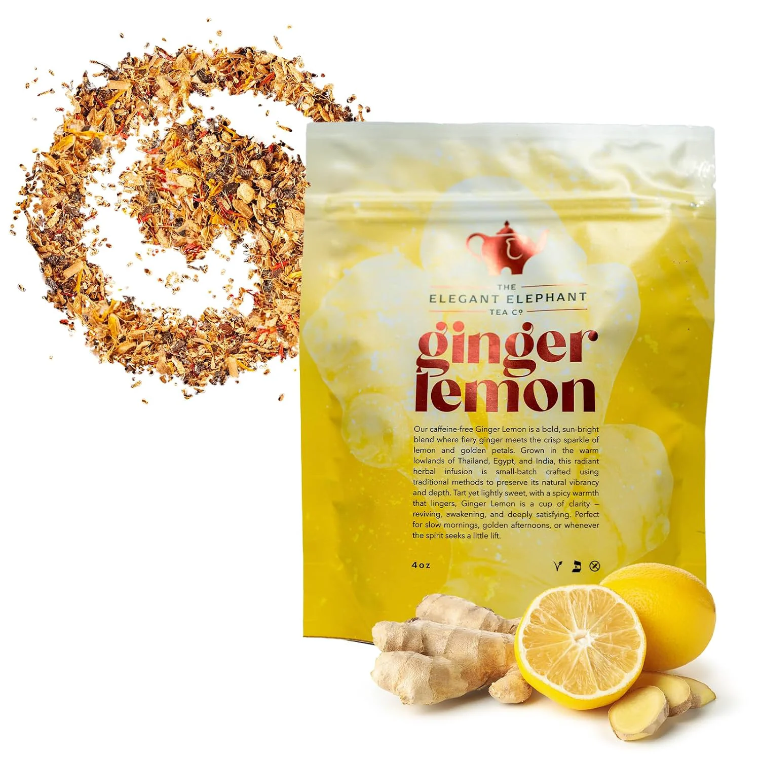 Versatile Ginger Lemon Tea Loose Leaf Herbal Tea – Helps Reduce Nausea and Motion Sickness – Detox amp Immunity Support – Drink Hot or Iced – 4 oz Resealable Bag Makes 50 Cups – The Elegant Elephant Certified