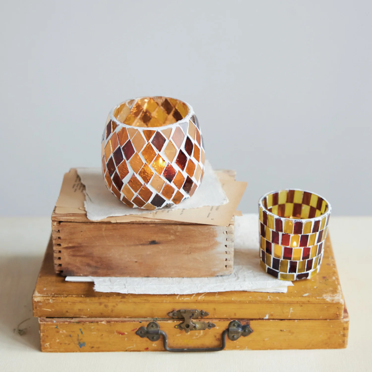 Reusable Amber Brown Mosaic Glass Tealight Holders Artisan