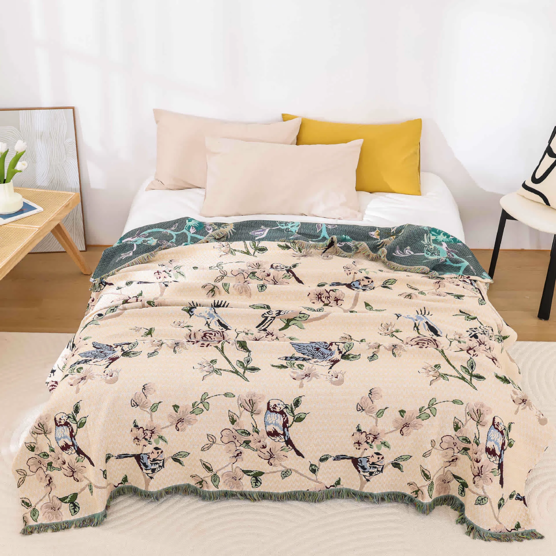 Relaxed Cotton Gauze Pastoral Bird Flower Tassel Quilt Fine
