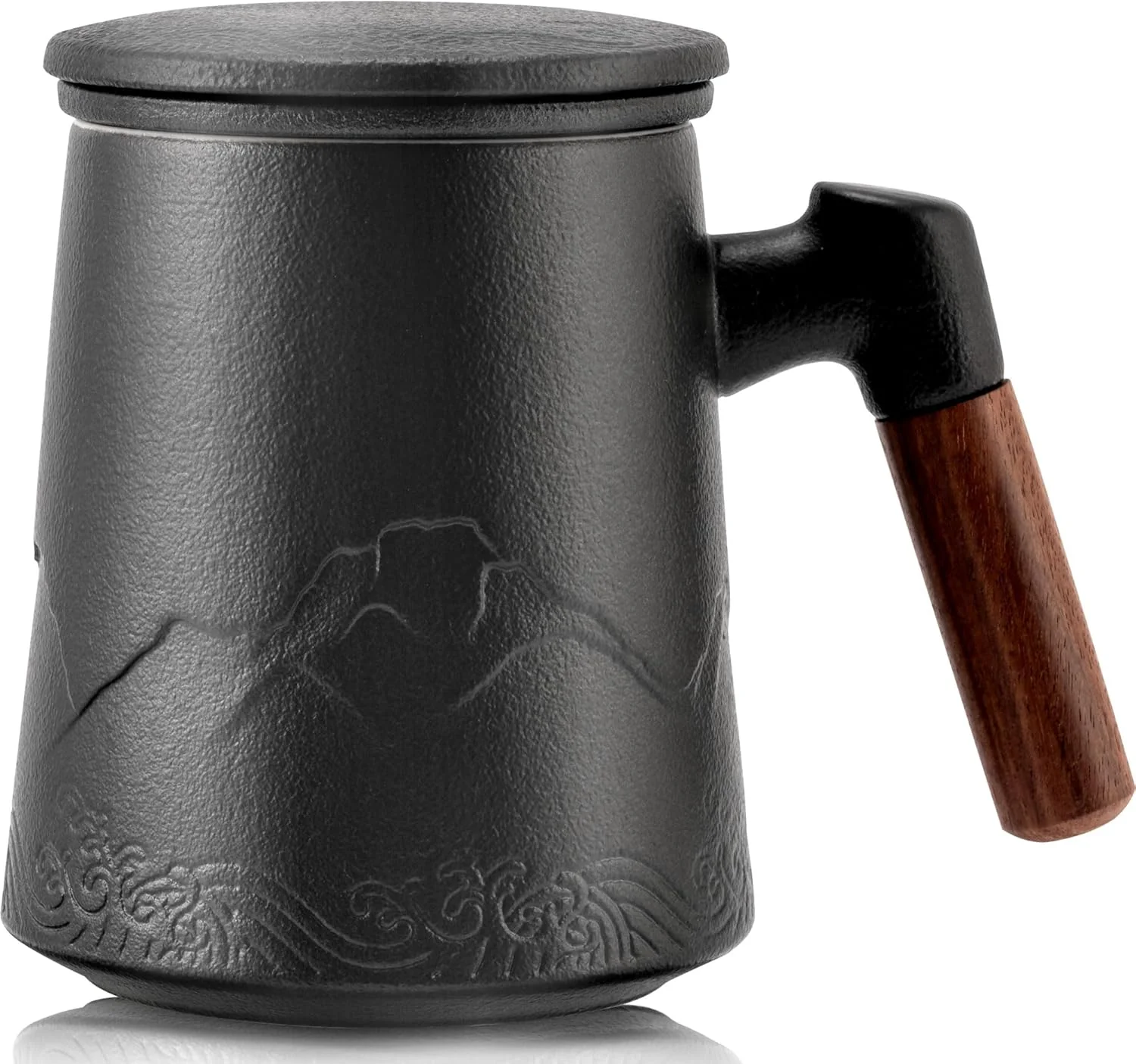 Unique suyika Tea Cup with Infuser and Lid 15.2 Ounce Wood Handle Ceramic Loose Leaf Mug Gradient Black 450ml Excellent