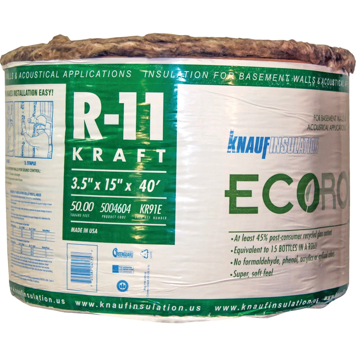 Official Knauf R-11 15 In. x 40 Ft. Greenguard Kraft Faced Roll Fiberglass Insulation Authentic