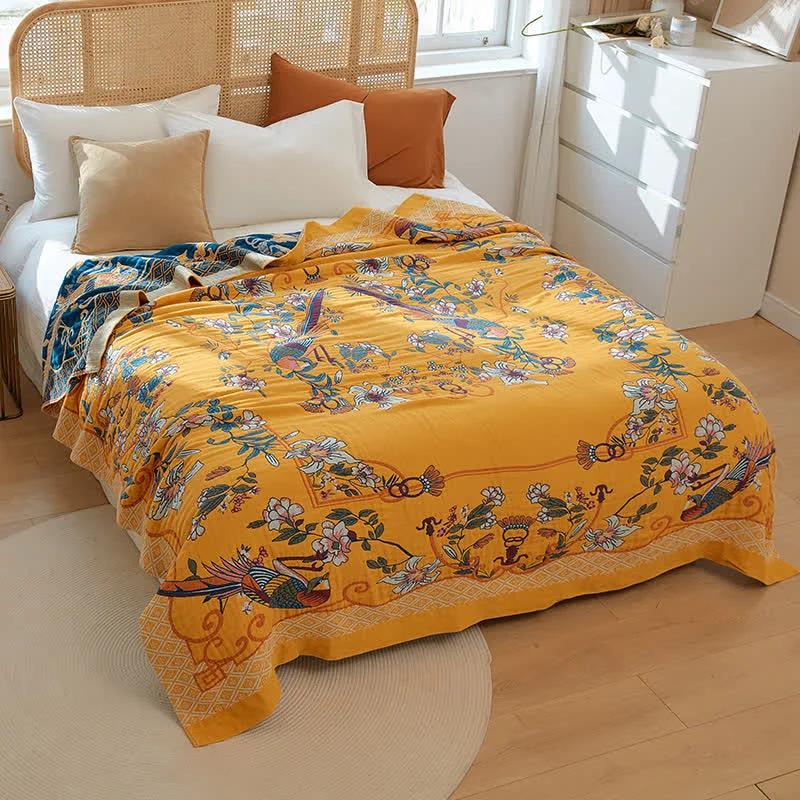 Convenient Five Layer Cotton Gauze Floral Bird Quilt Environmentally Friendly