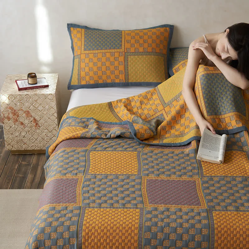 Innovative Cotton Gauze Retro Square Print Breathable Quilt Original