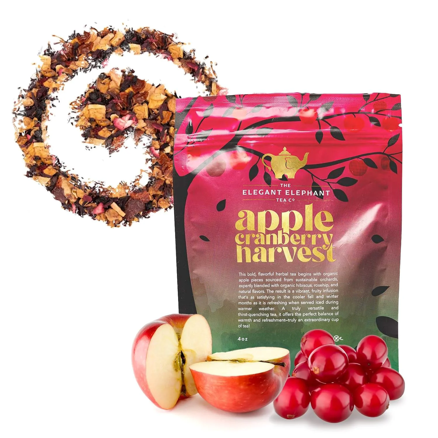 Contemporary Apple Cranberry Harvest Tea Organic Loose Leaf Herbal Tea – Fruit Summer Juice Caffeine- Refreshing Sweet Iced Drink – 4 oz Resealable Bag Makes 50 Cups Functional