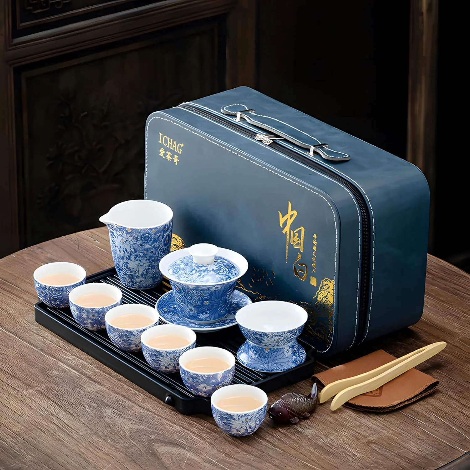 Elite Ichag Chinese Tea Set Gongfu Tea Sets for Adults Asian Gaiwan Teaset 14-Piece Yangzhi Jade 羊脂玉茶具 with Suspended Gaiwan Tea Pet Specialty