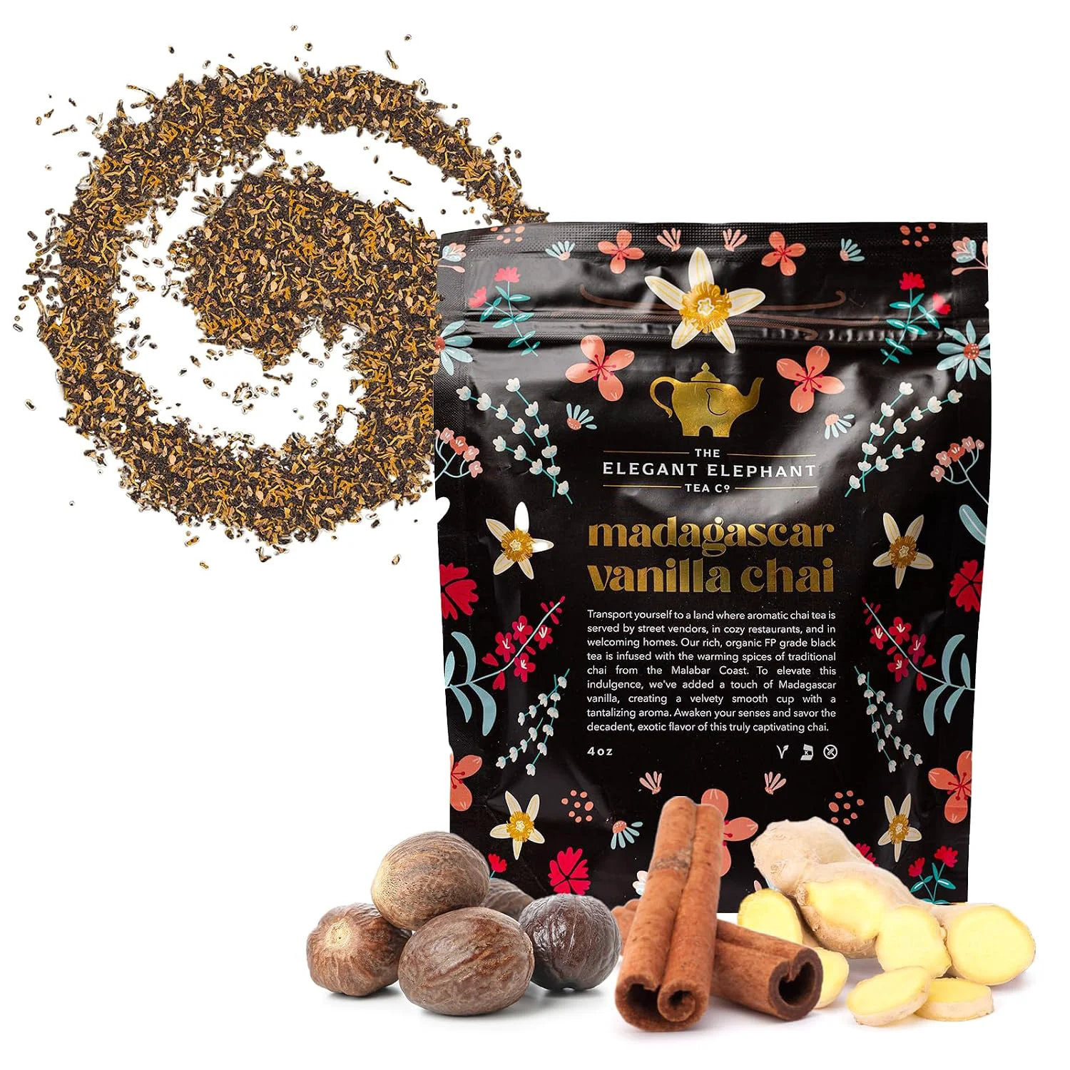 Advanced Madagascar Vanilla Chai Tea Organic Loose Leaf Chai Tea – Black Tea with Chai Spice Blend – Great Hot or Iced Chai Latte – 4 oz Resealable Bag Makes 50 Cups – The Elegant Elephant Enhanced