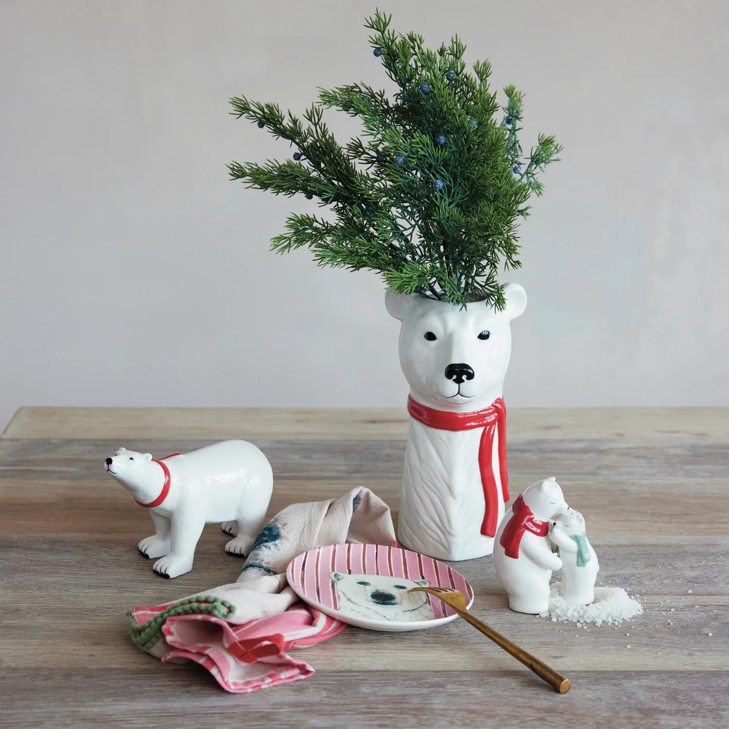 Long-Lasting Stoneware Polar Bear Vase with Red Scarf Next-Generation