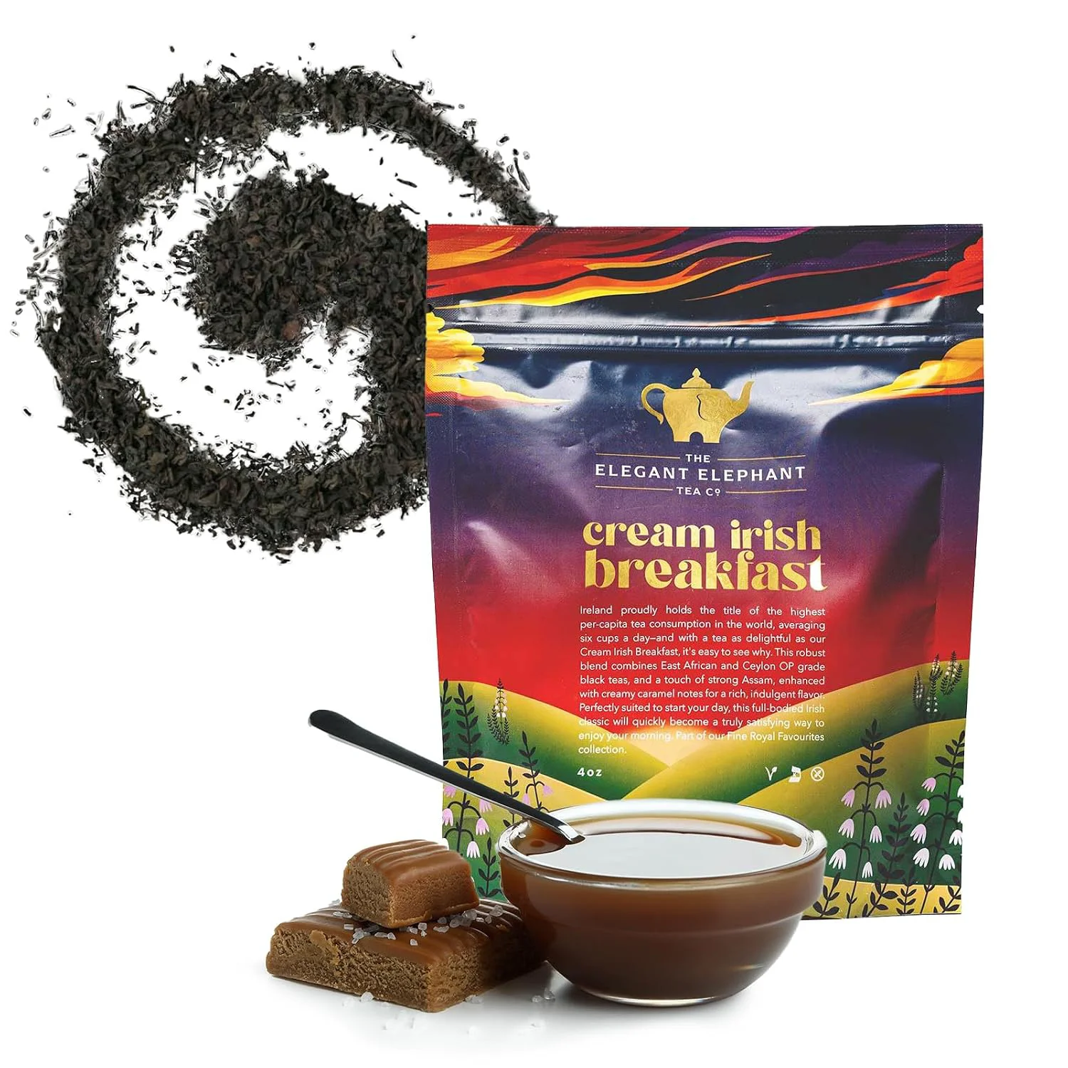 Exceptional Cream Irish Breakfast Tea Loose Leaf Black Tea – Irish Classic with Caramel amp Strong Assam – Robust Full-Bodied – Drink Hot or Iced – 4 oz Resealable Bag Makes 50 Cups – The Elegant Elephant Easy-to-Use