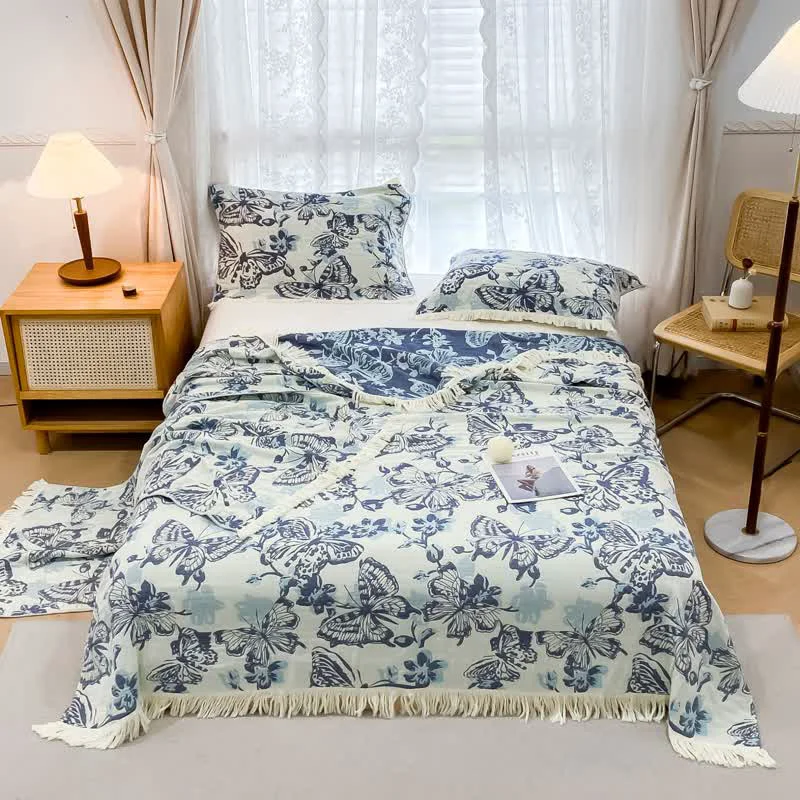 Original Design Butterfly Cotton Gauze Lightweight Tassel Quilt Convenient