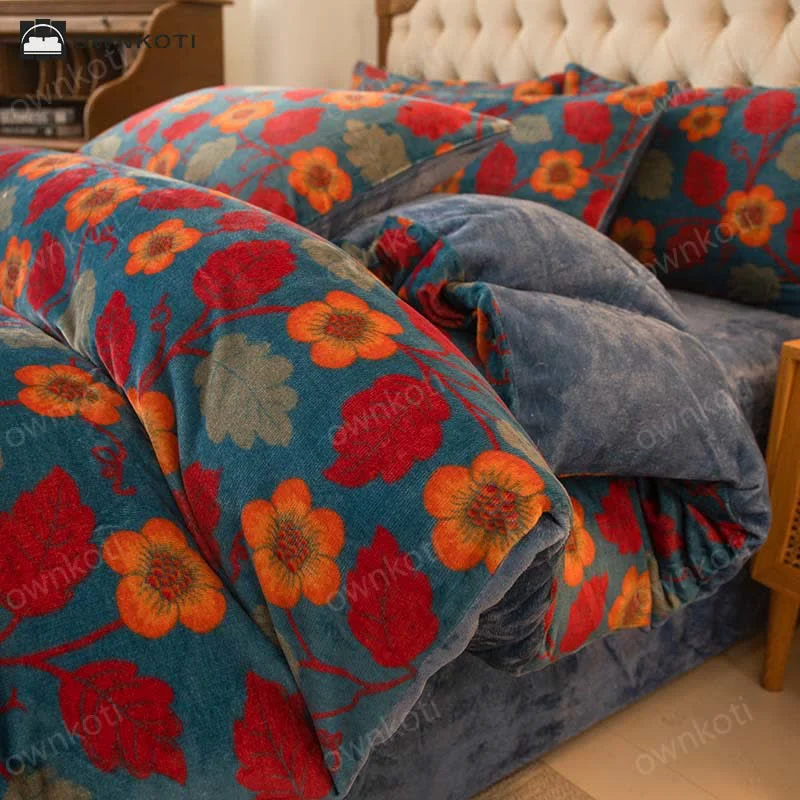 Trendy Warm Velvet Bright Flower Bedding Set 4PCS Top-Quality