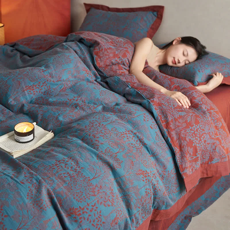 Green Double-layer Cotton Gauze Natural Bedding Set 4PCS Professional