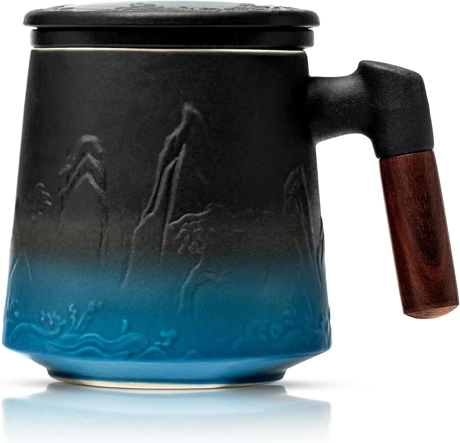 Smooth suyika Ceramic Tea Cup with Infuser and Lid Gradient Embossed Large Tea Mug Wooden Handle for Steeping Loose Leaf Tea Lover Gifts 15.2 oz 450 ml Proven