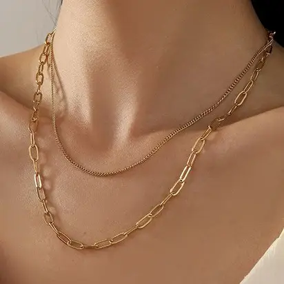Unique Non-Tarnish Gold Double-Layer Chain Necklace Relaxed