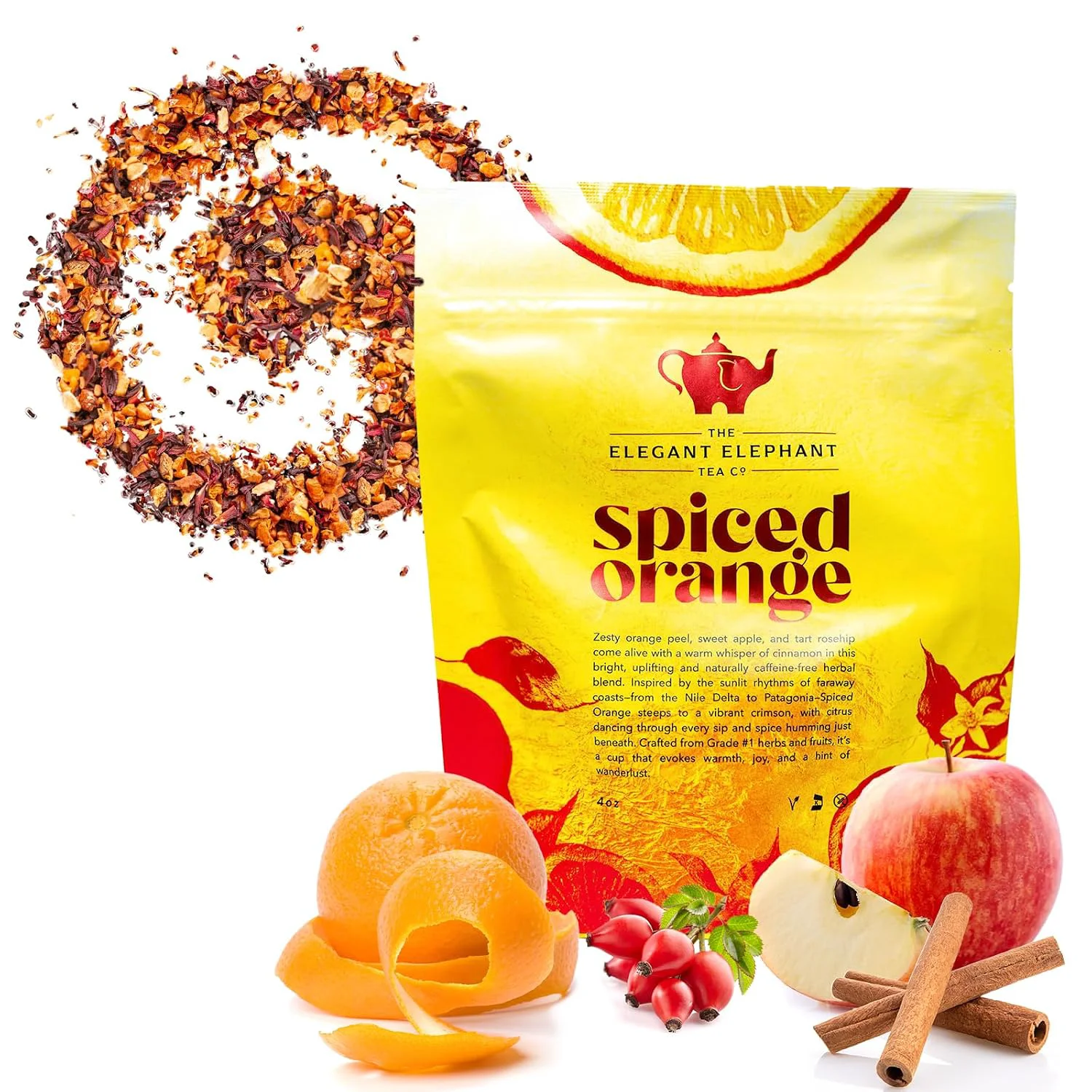 Soft Spiced Orange Tea Loose Leaf Herbal Tea – Sweet Spicy Caffeine- – Orange Apple amp Cinnamon Spice – Drink Hot or Iced – 4 oz Resealable Bag Makes 50 Cups – The Elegant Elephant Comfortable
