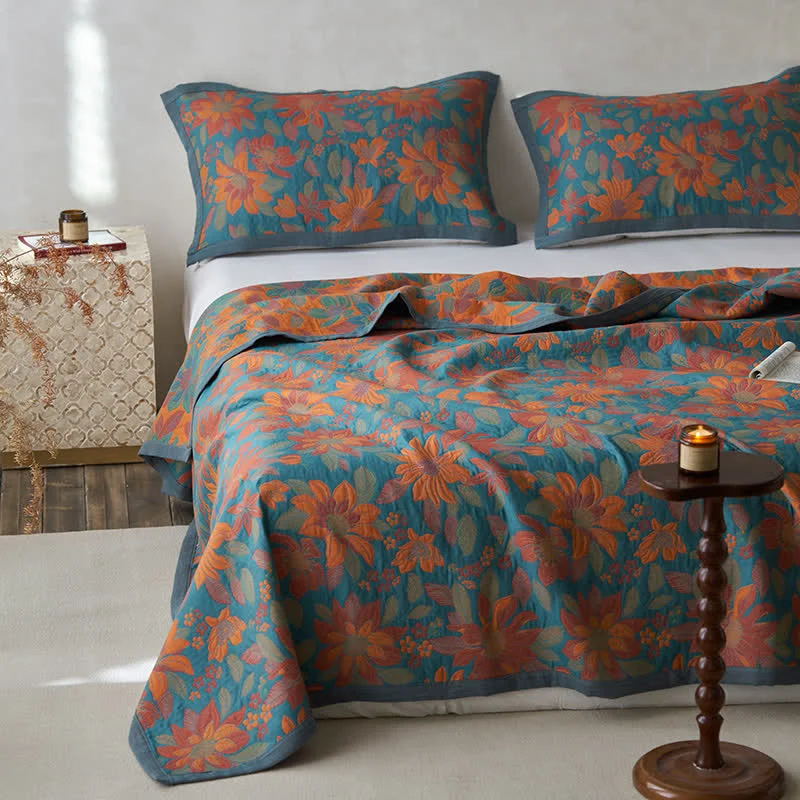 Modern Pure Cotton Yarn-dyed Blooming Flower Quilt Green