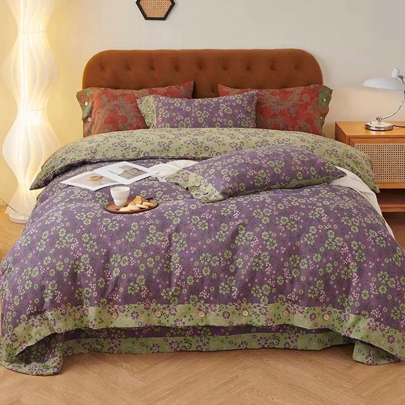 Organic Floral Pattern Cotton Gauze Bedding Sets 4PCS Breathable