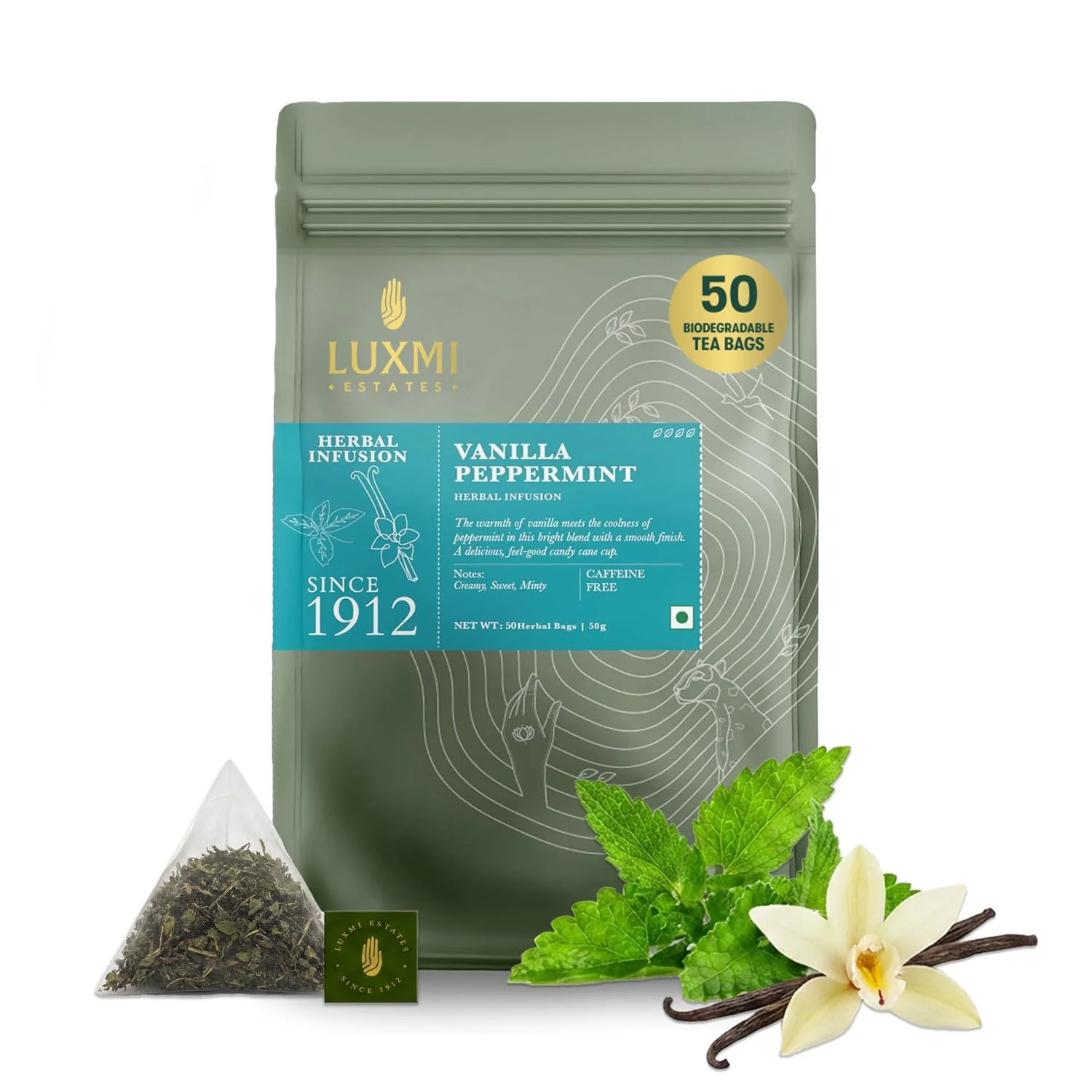 Durable Luxmi Estates Vanilla Peppermint Herbal Tea 50 Biodegradable Tea Bags 100g 3.5oz 50 Cups Caffeine- Two-Ingredient Blend with Peppermint Leaf amp Natural Vanilla Soothing After-Dinner Bulk Pack Vegan Exclusive